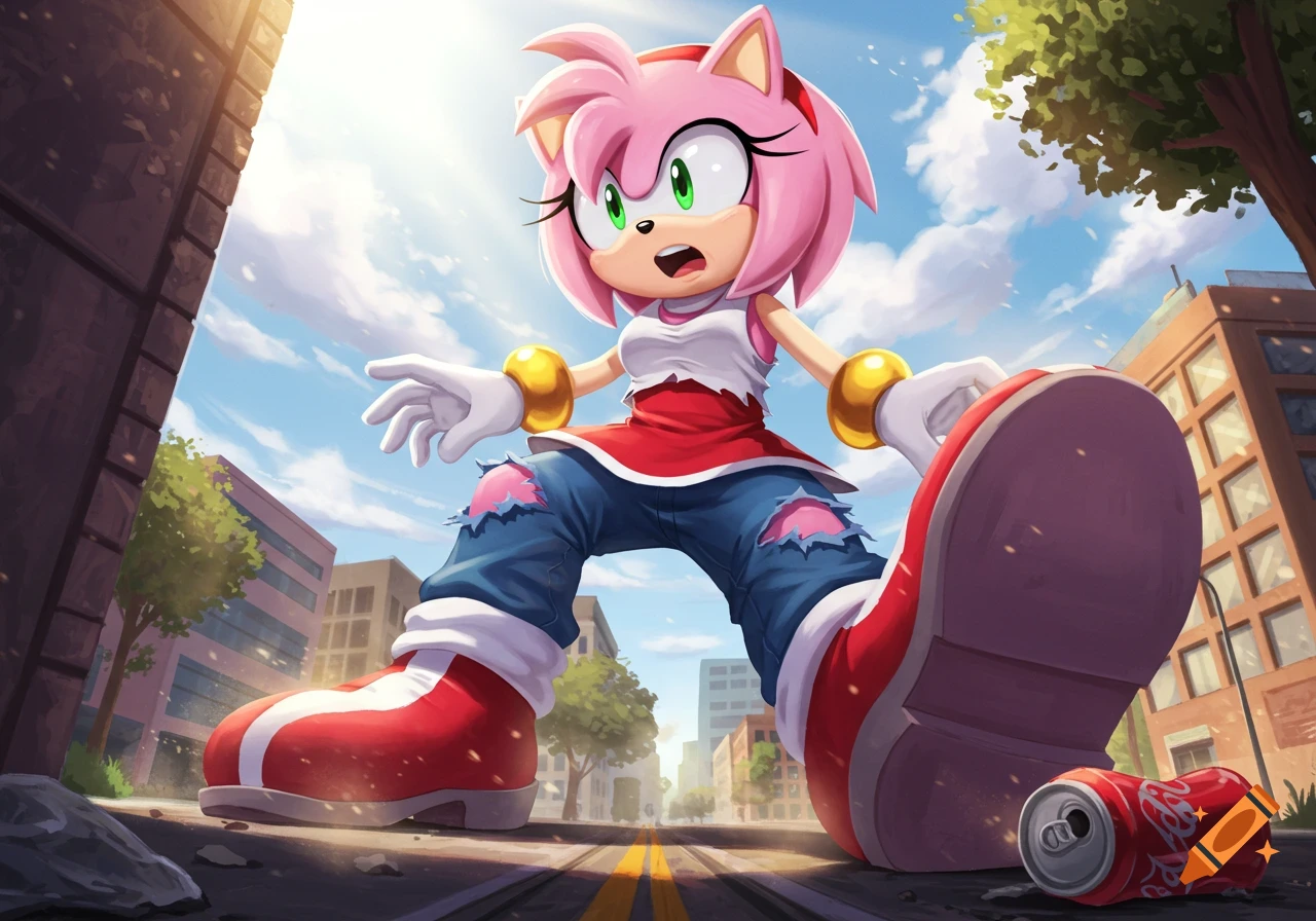 Giant Amy Rose in torn clothes stands in a city street, looking surprised. A crushed soda can lies near her foot. Anime style.