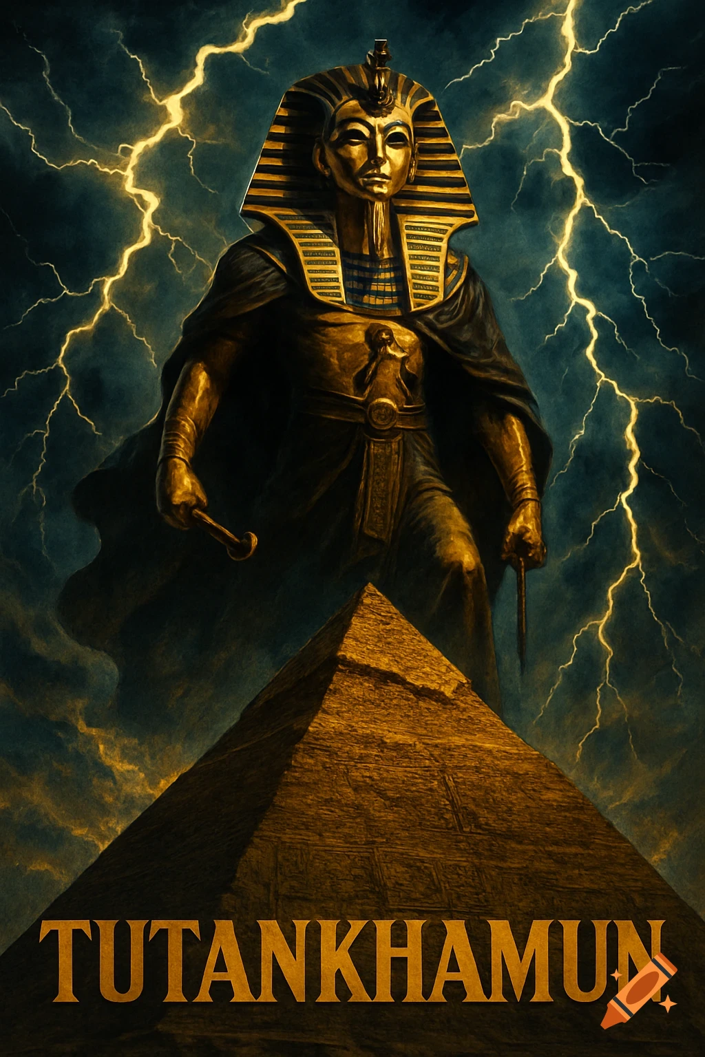 Dramatic film poster of Tutankhamun on a pyramid under a lightning storm. 'TUTANKHAMUN' is written at the bottom.