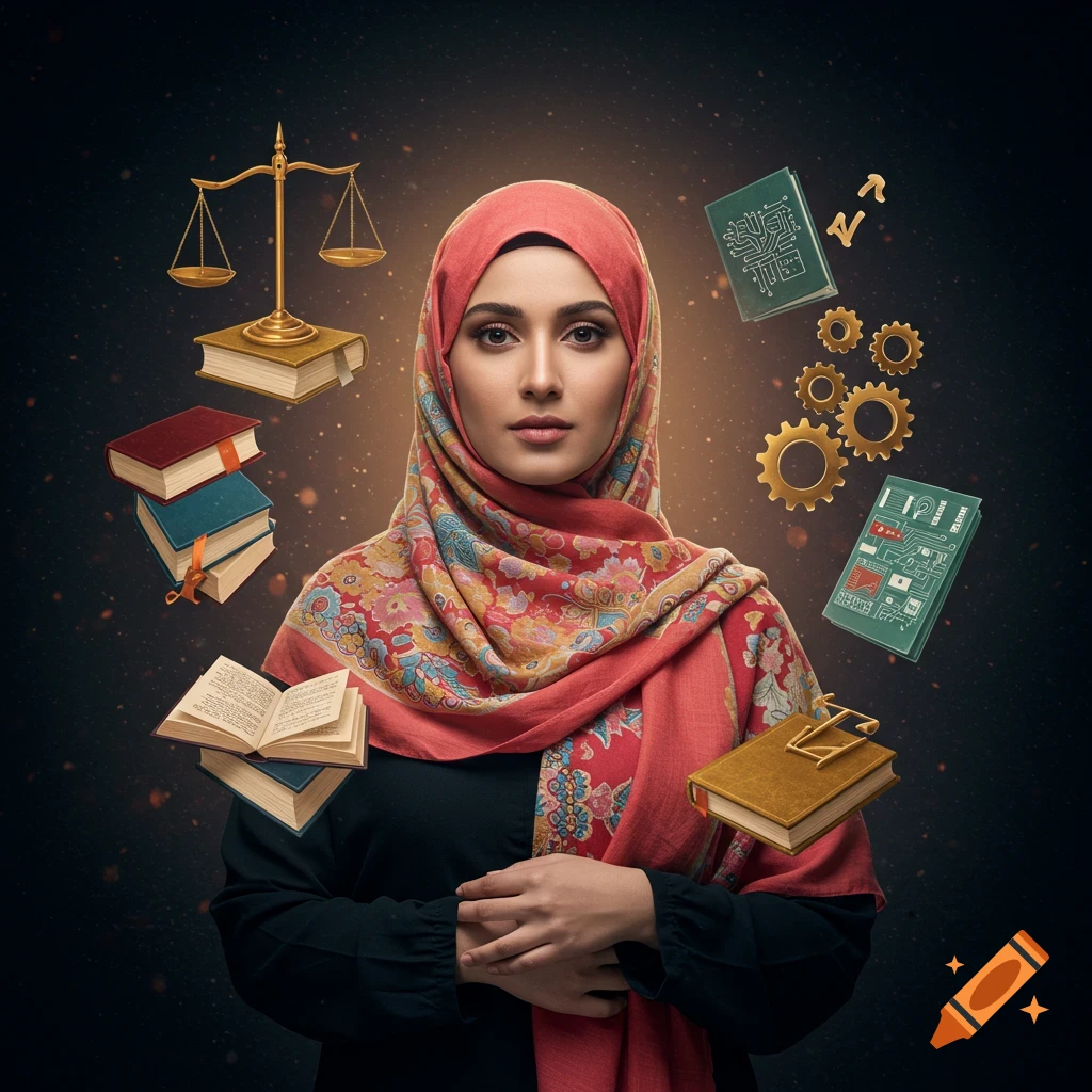 A woman in a red and floral hijab and black dress looks forward, surrounded by floating books, scales of justice, and gears on a dark, starry background.