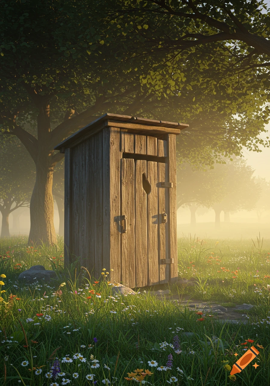 A rustic wooden outhouse stands in a sunlit, misty meadow filled with wildflowers and surrounded by trees.