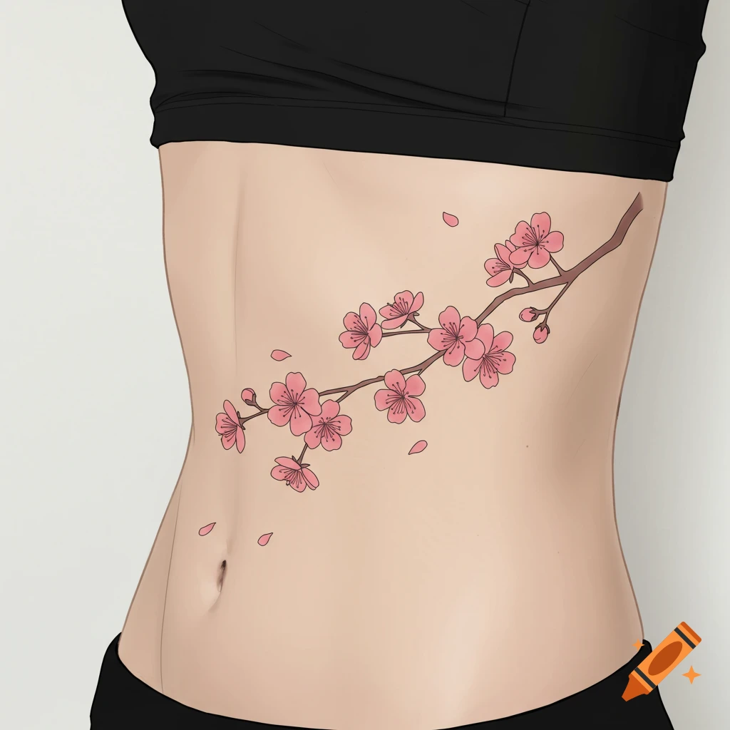 An anime-style illustration of a person's midriff with a cherry blossom branch tattoo on the side, wearing a black top and underwear.