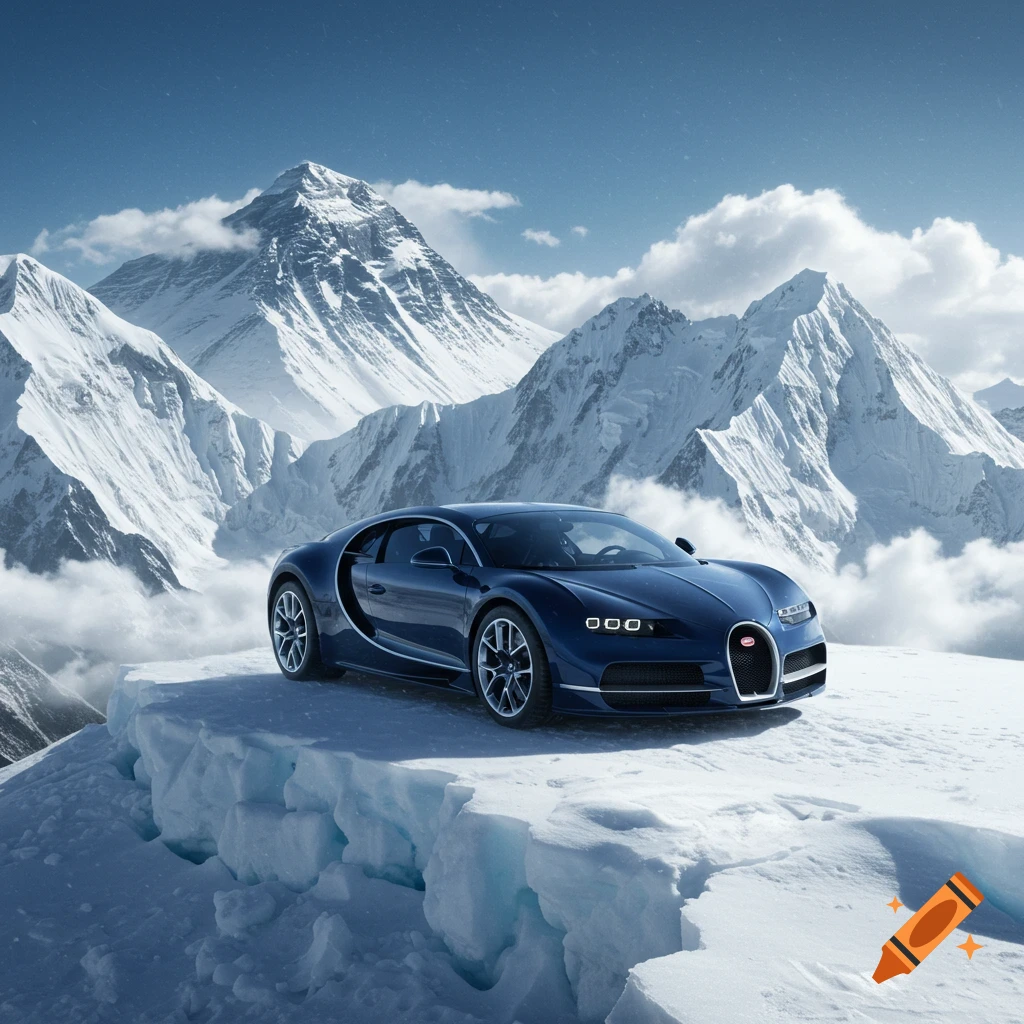 A dark blue Bugatti sports car on a snowy mountain peak, with majestic snow-capped mountains and a blue sky.