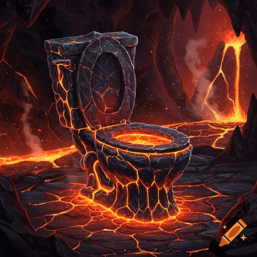 A toilet made of dark, cracked volcanic rock with glowing lava in a fiery cave environment.