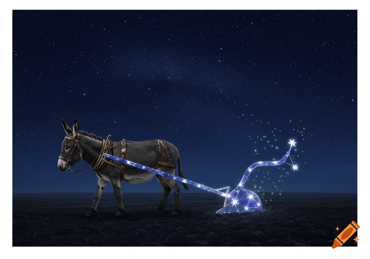 A realistic donkey pulls a glowing, star-filled plow through a dark field under a starry night sky.