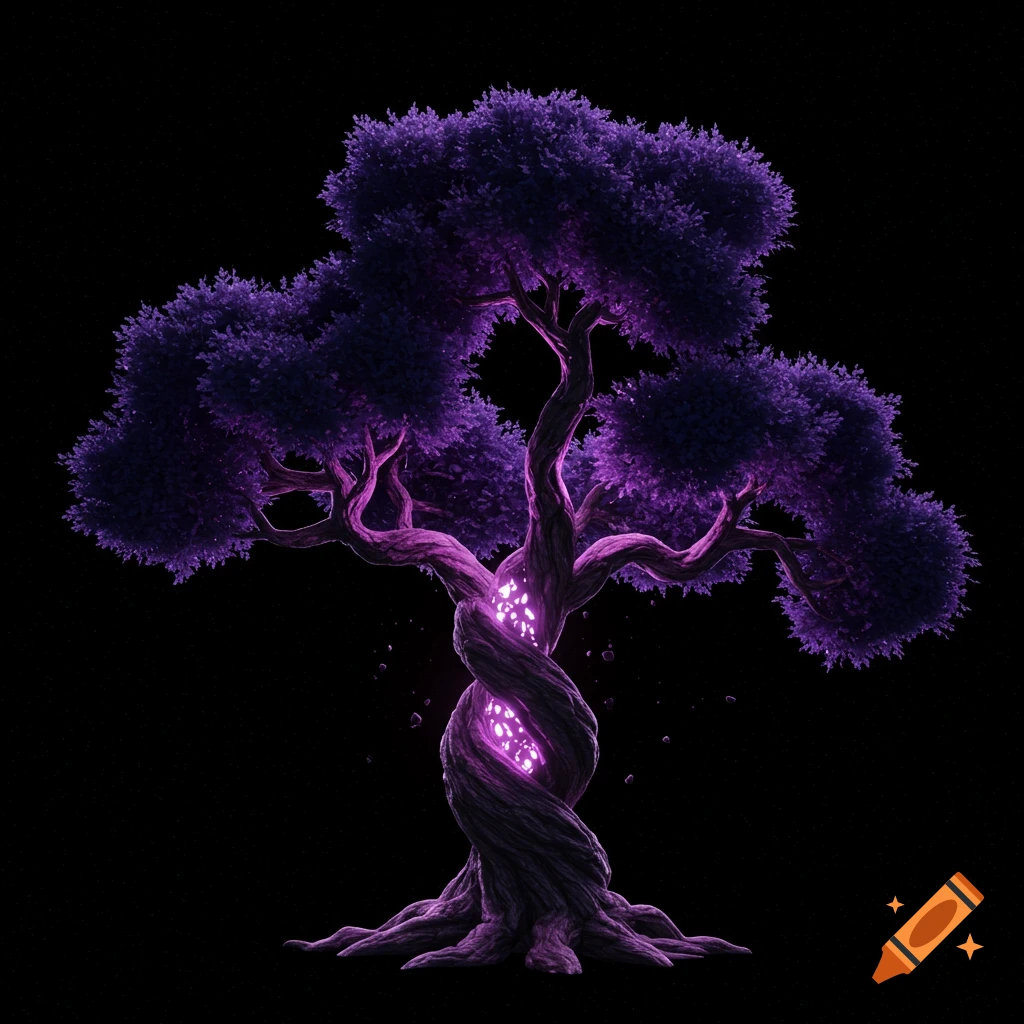 A stylized purple tree with a twisted trunk and glowing pink sections, set against a black void.