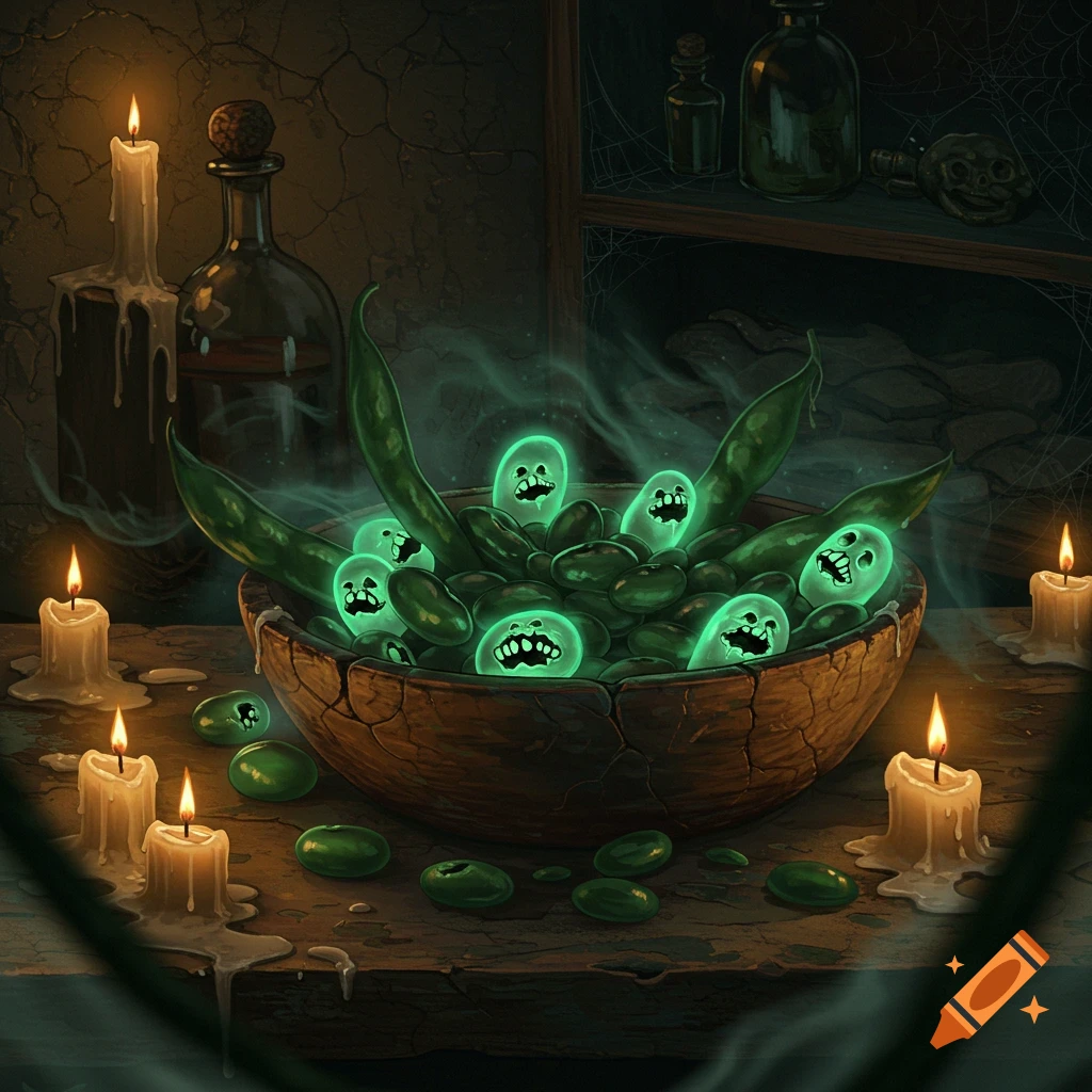 A rustic wooden bowl is filled with glowing green beans, some with scary faces, surrounded by melting candles in a dark, spooky room.