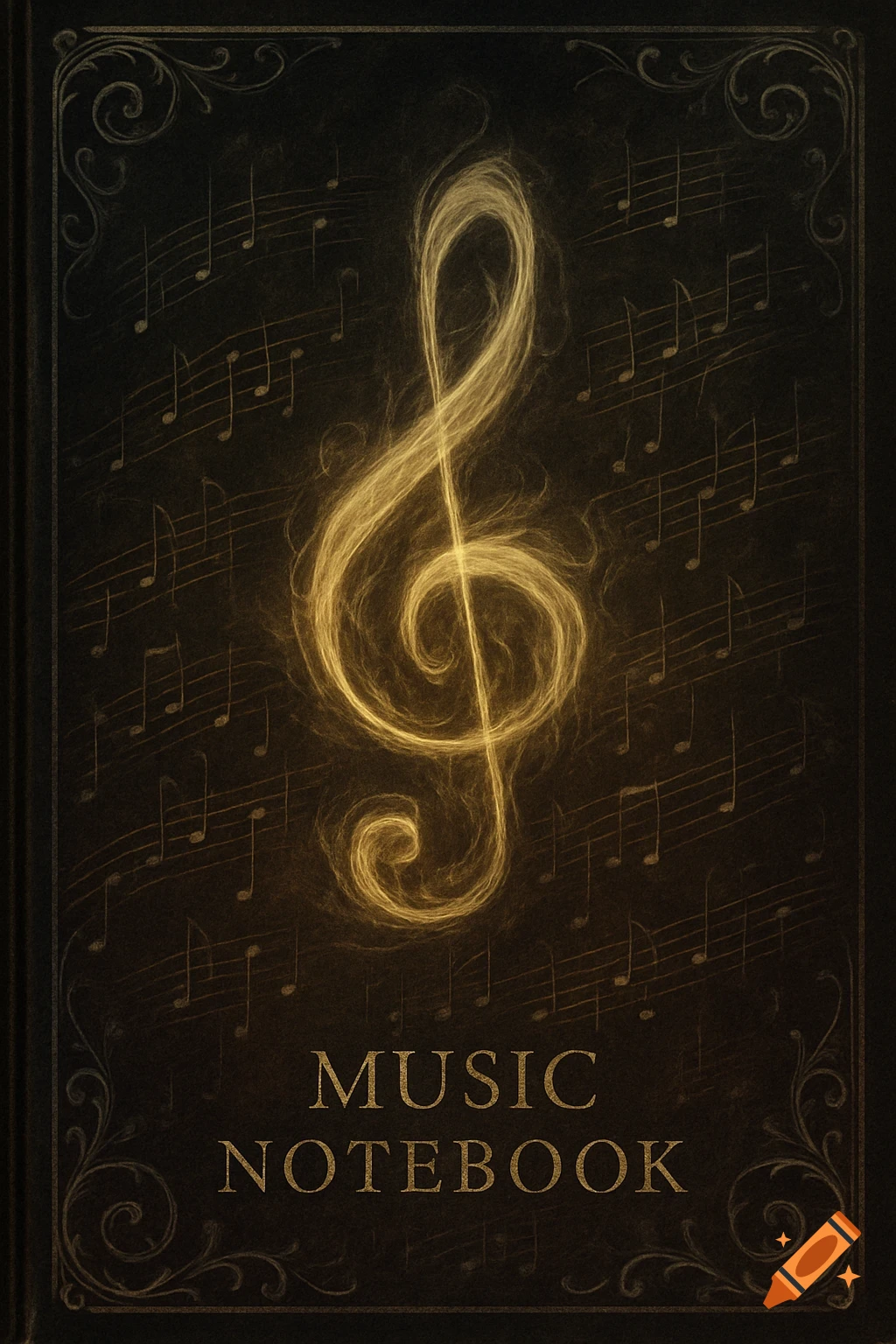 Dark, ornate music notebook cover with a glowing gold treble clef and musical notes; 'MUSIC NOTEBOOK' text at the bottom.
