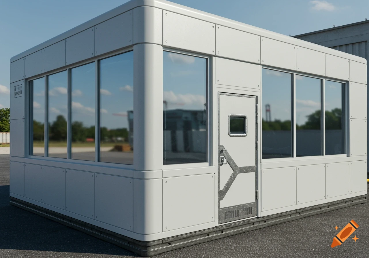 Photorealistic close-up of a modern, light-gray laboratory module building with reflective windows and a metallic door on asphalt.