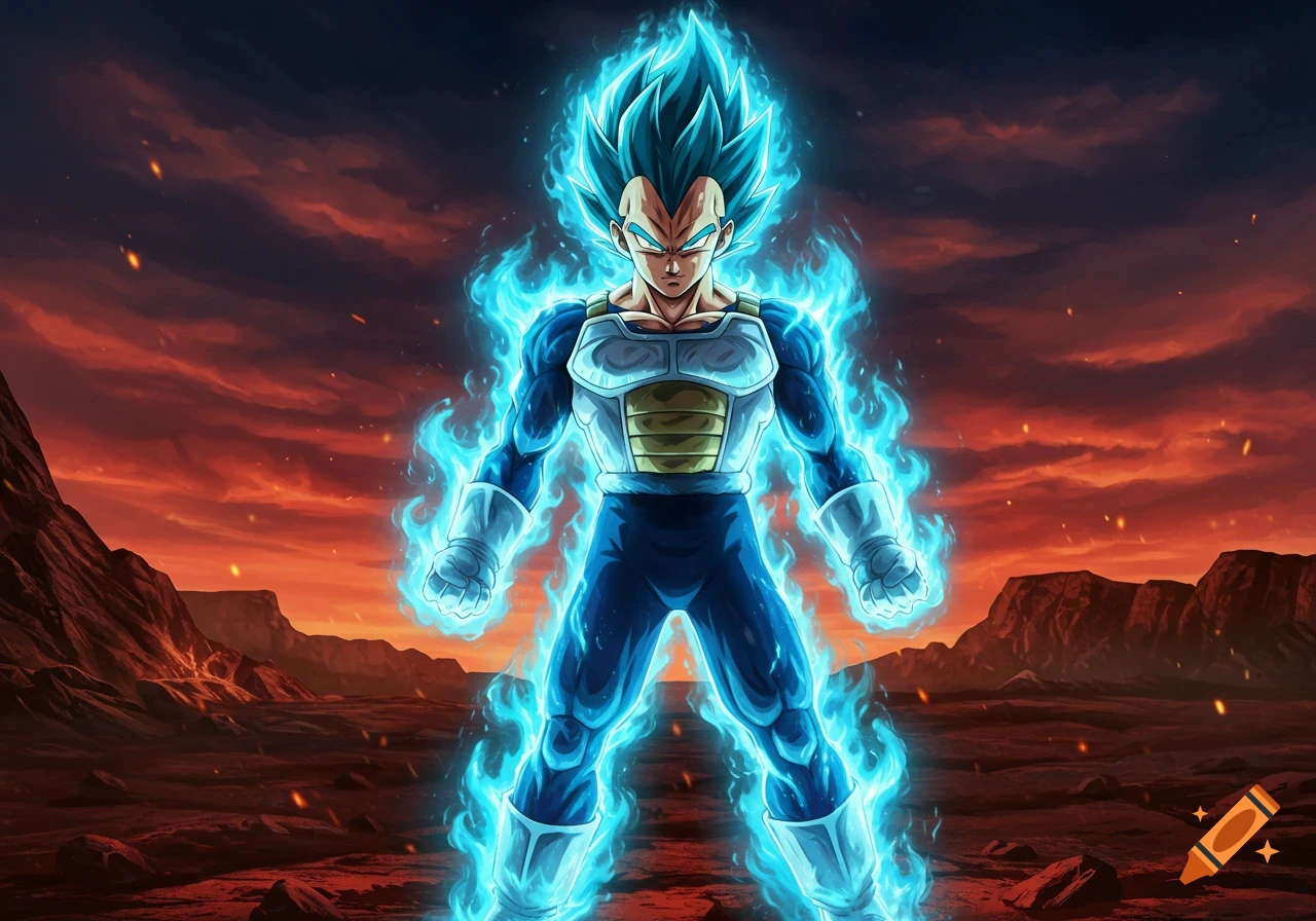 Vegeta in Super Saiyan Blue form, surrounded by a vibrant blue aura, stands powerfully in a desolate, fiery landscape. Anime style.