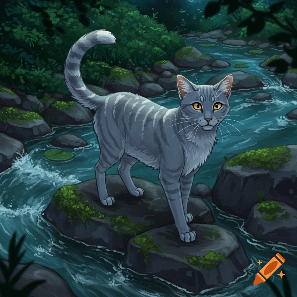 Illustration of a gray tabby cat with amber eyes standing on mossy rocks in a flowing river, surrounded by lush forest.