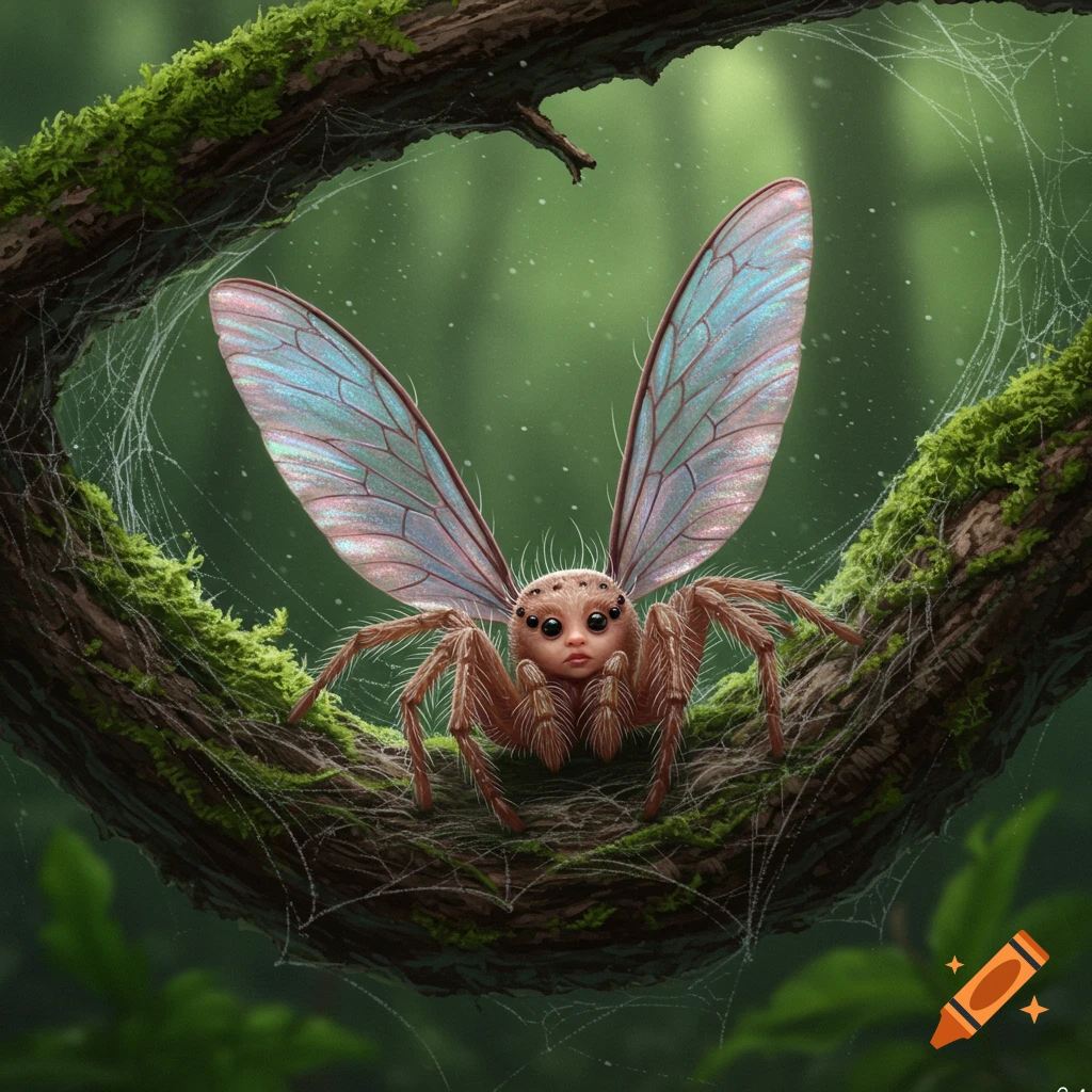 A fantastical baby spider with a human face and iridescent wings sits on a moss-covered tree branch in a green forest.