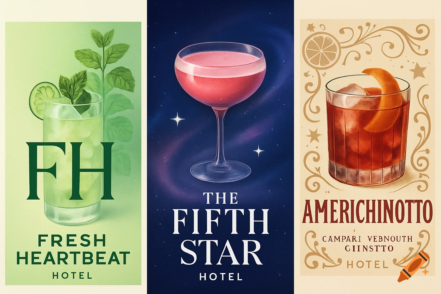 Three cocktail posters. The first is green, featuring a highball glass with lime and mint. The second is dark blue with a galaxy background, featuring a coupe glass with a pink drink. The third is vintage-style with a negroni-like cocktail.
