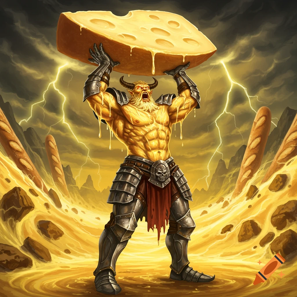 A muscular, horned warrior god, covered in melting cheese, lifts a giant block of Swiss cheese amidst a stormy, cheesy landscape with baguettes and lightning.