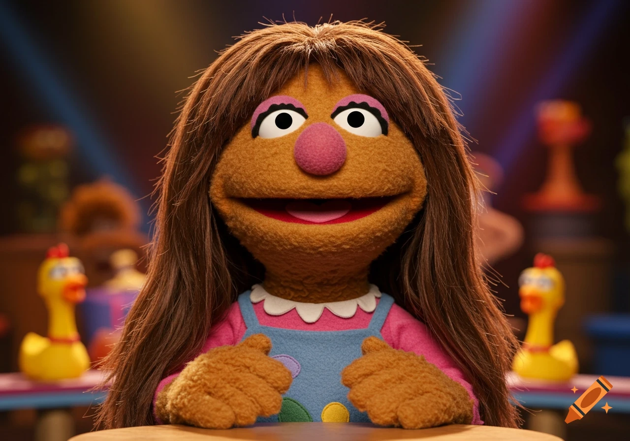 Photorealistic close-up of a smiling brown Muppet-style puppet with long brown hair, wearing pink and blue overalls, against a blurred background.