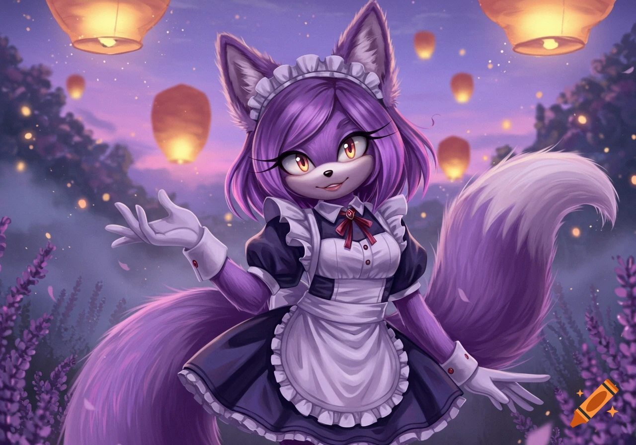 A smiling purple fox girl in a maid outfit stands in a lavender field under a twilight sky with glowing lanterns.