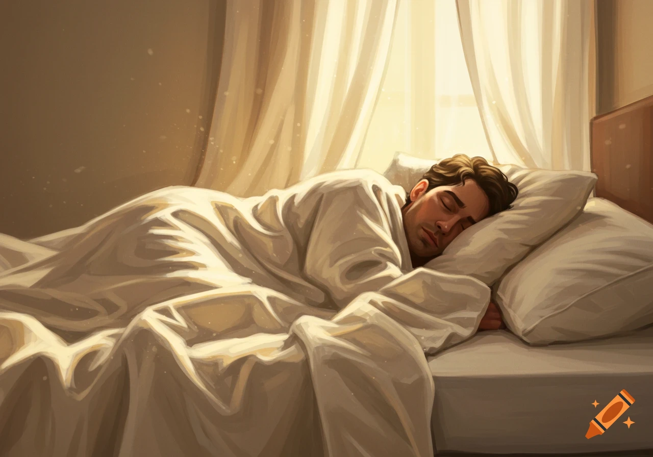 An illustration of a man with brown hair sleeping peacefully under white covers in a sunlit bedroom.