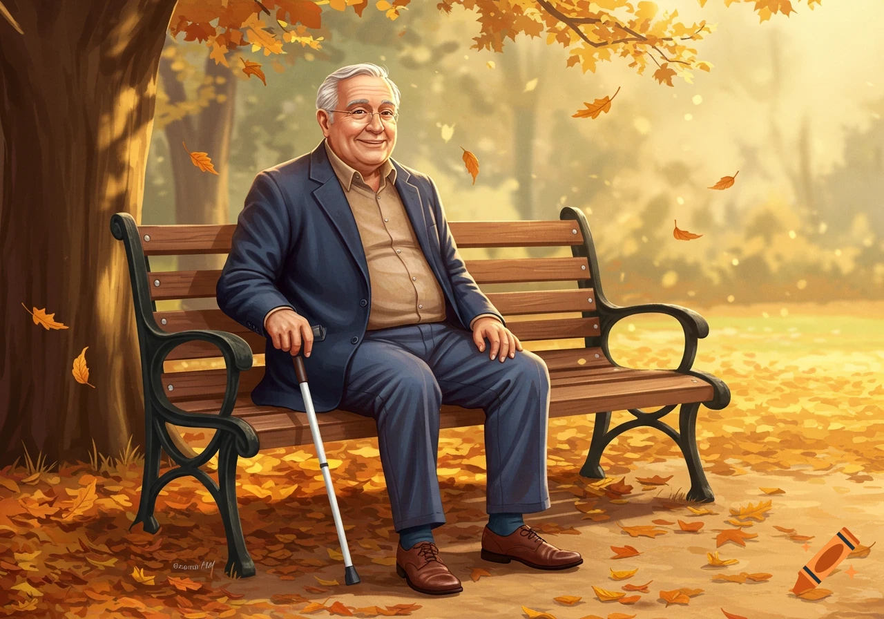Smiling elderly man in a suit sits on a park bench in an autumn illustration, holding a cane, with golden leaves.