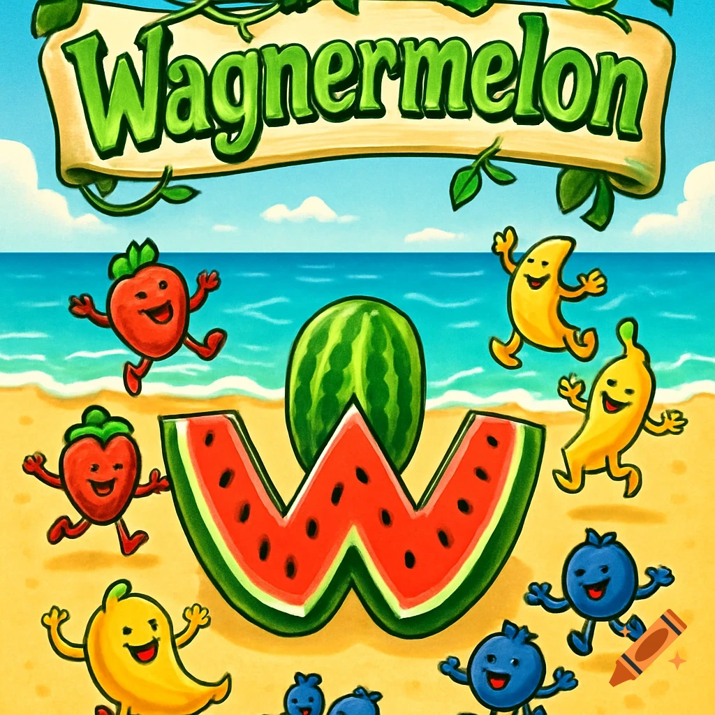 A vibrant cartoon poster features dancing fruits on a beach, with watermelons forming a 'W' and 'Wagnermelon' on a banner.