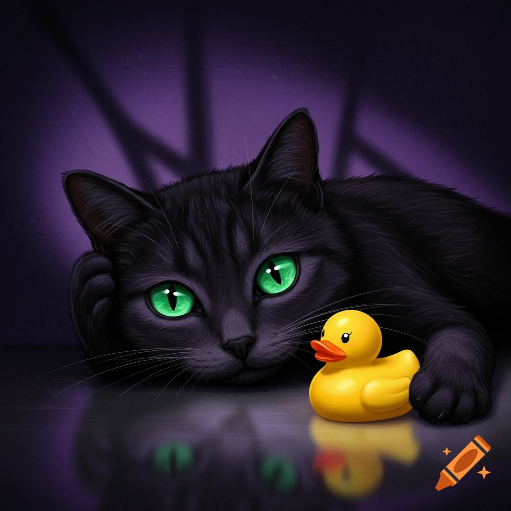 A black cat with glowing green eyes rests its head in its paw next to a yellow rubber ducky on a reflective surface, illustration.
