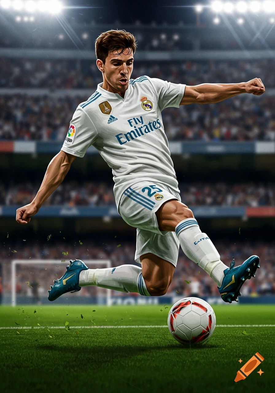 A stylized illustration of a Real Madrid soccer player in a white uniform kicking a ball on a green field in a stadium at night.