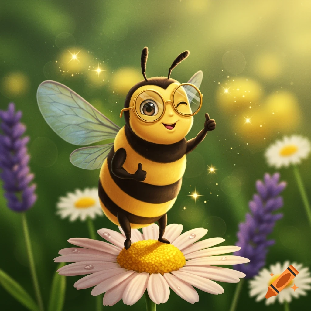 A cute cartoon bee with glasses winks and gives a thumbs up while standing on a daisy in a sunny field.