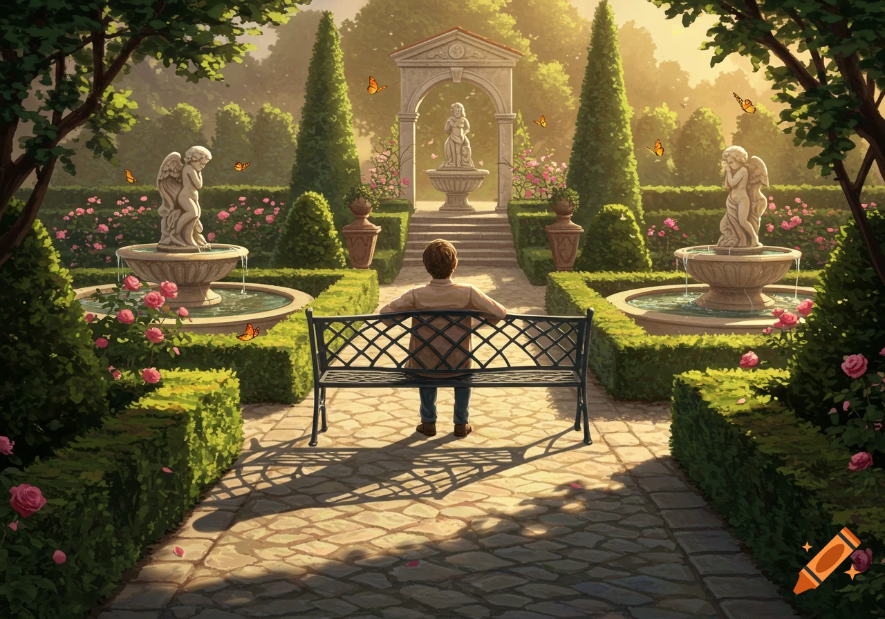 Illustrated scene of a person on a bench in a sunlit formal garden with fountains, statues, roses, and butterflies.