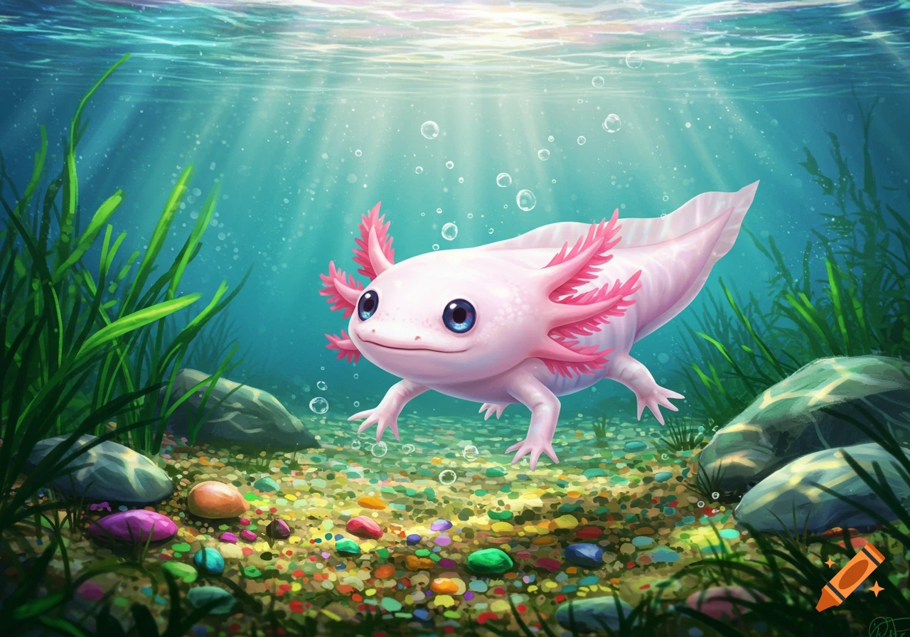 A cute, pink axolotl with feathery gills swims in a vibrant underwater illustration among green plants and colorful pebbles.