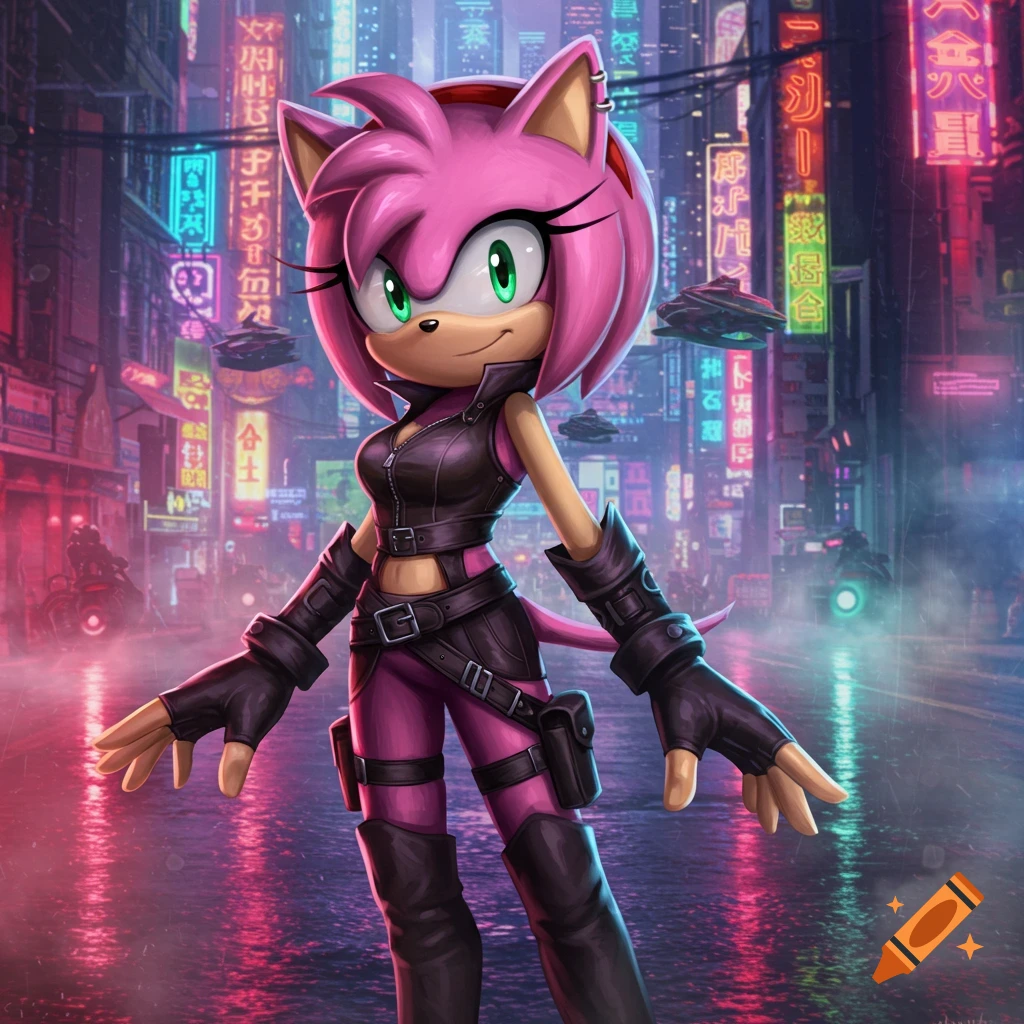 Amy Rose in a black and pink outfit stands in a neon-lit cyberpunk city street, illuminated by colorful signs.
