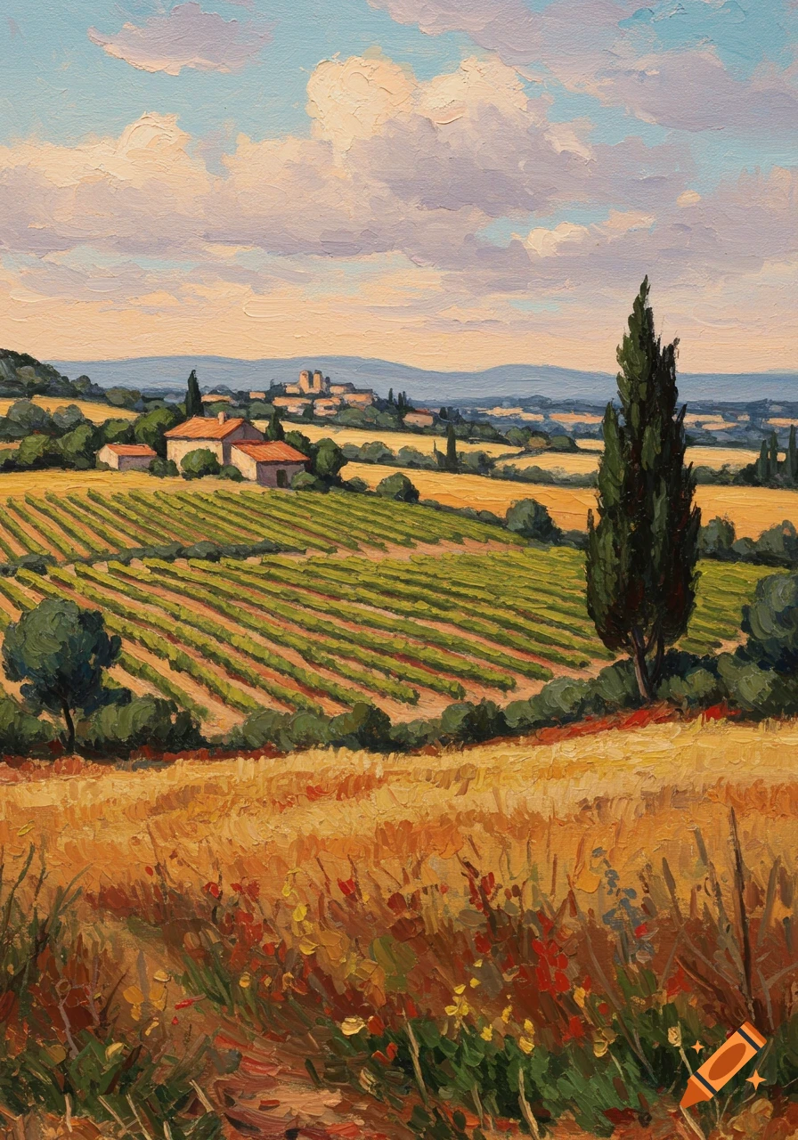 A vibrant painting of a vineyard and fields leading to a distant village, in the style of Cezanne.