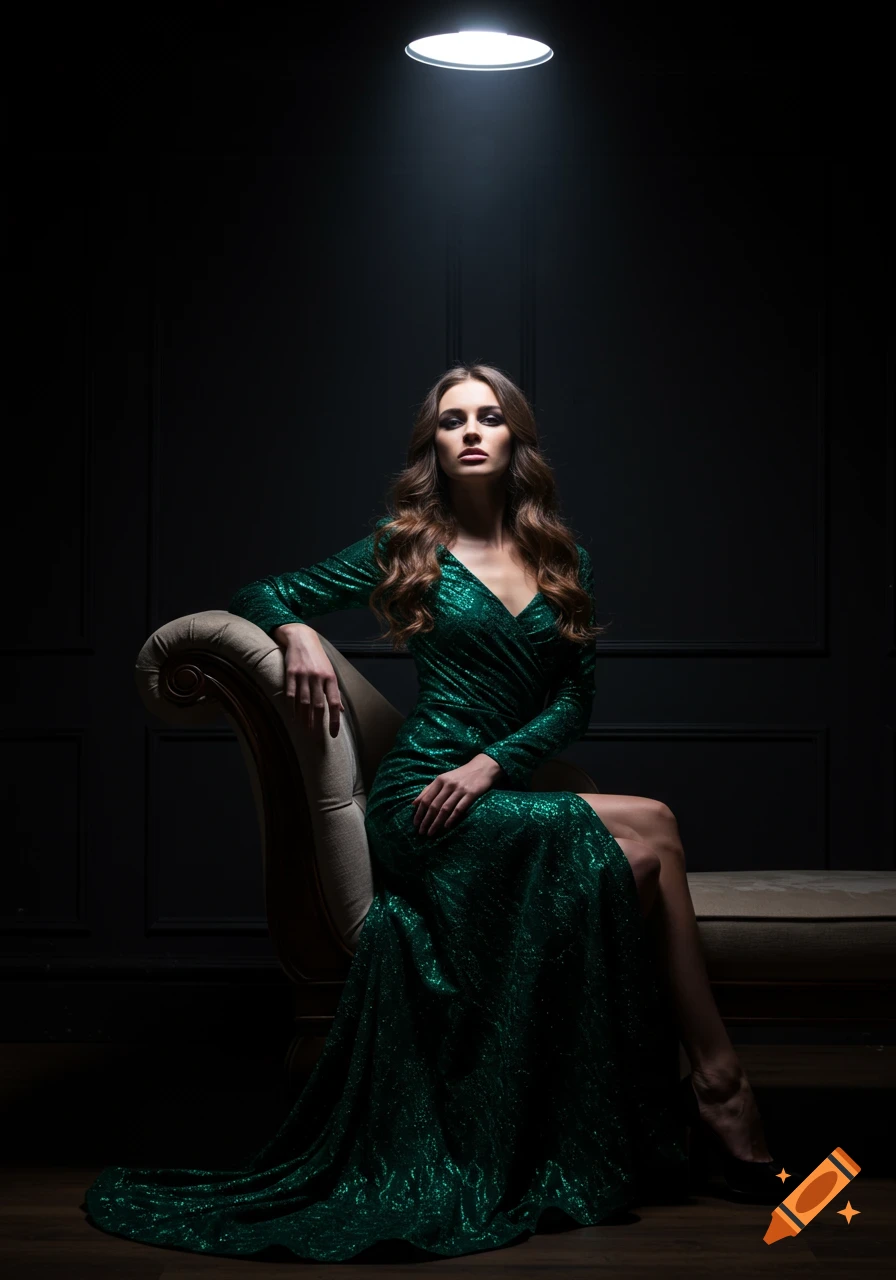 A woman with long wavy hair in a shimmering emerald green gown poses elegantly on a chaise lounge under a spotlight.