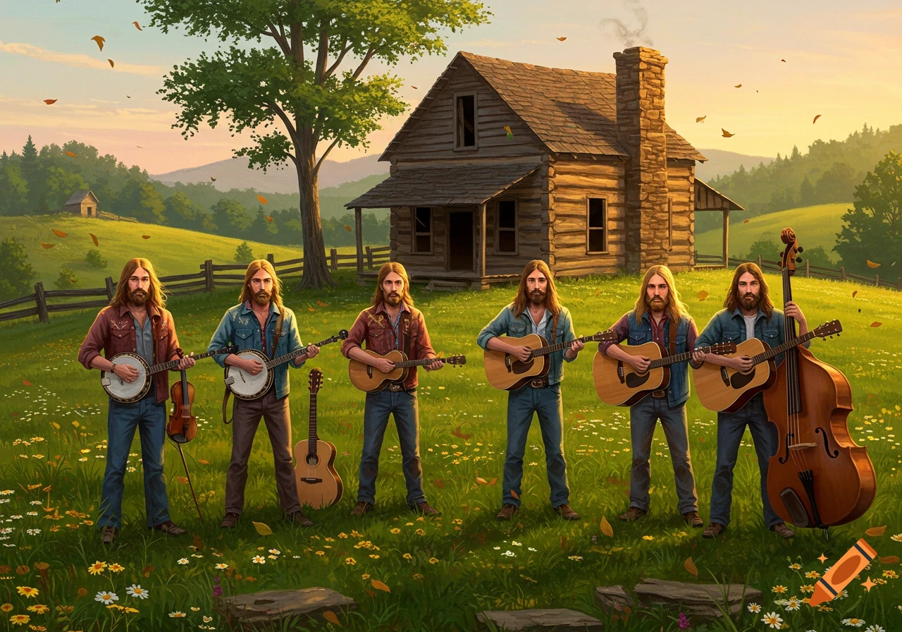 Six long-haired men play bluegrass instruments in front of a rustic wooden cabin in a sunny, grassy field.
