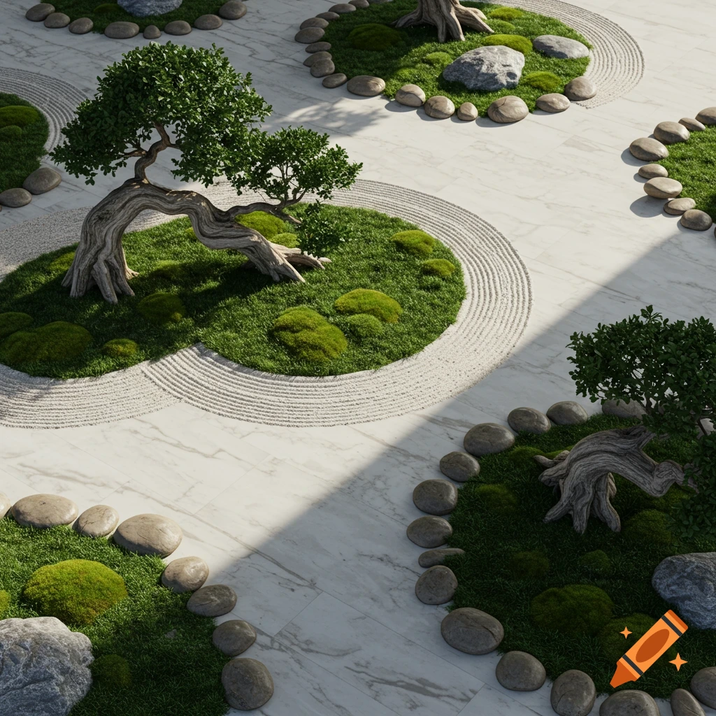 Top-down view of an elegant Japanese Zen garden with raked sand patterns, green moss, rocks, and twisted bonsai trees.