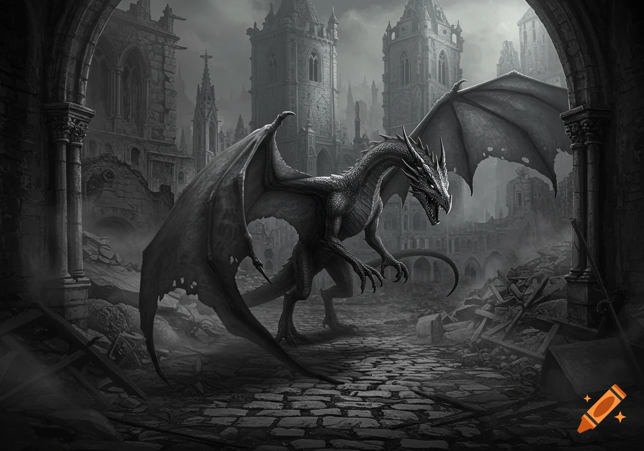 A majestic black and white dragon stands on a cobblestone path amidst the ruins of a medieval city.