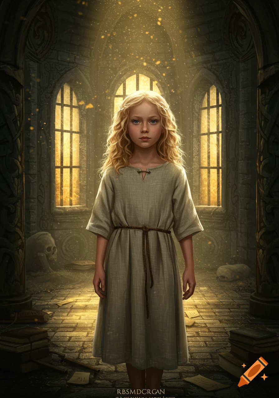 Portrait of a serious blonde girl in a plain dress standing in a sunlit ancient stone hall with arched windows.