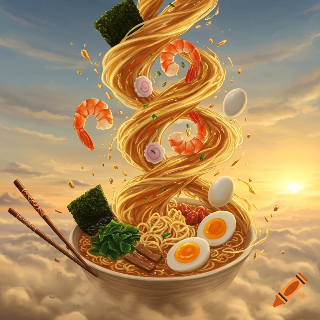 A vibrant illustration of ramen noodles, shrimp, eggs, and seaweed floating above a bowl, set against a sunset sky.