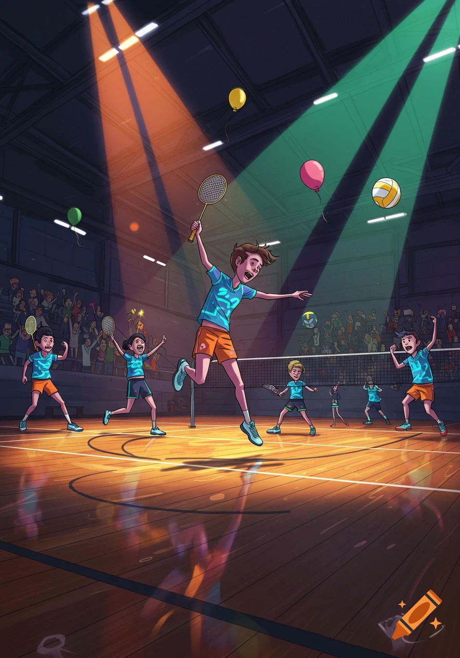 Cartoon illustration of children playing badminton and volleyball in a brightly lit gymnasium.