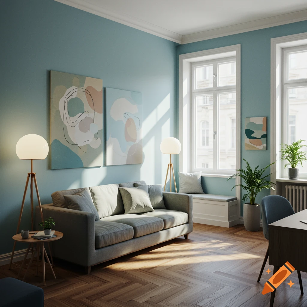 A bright, modern office with light blue walls, a gray sofa, two large windows, abstract art, and wooden floors.