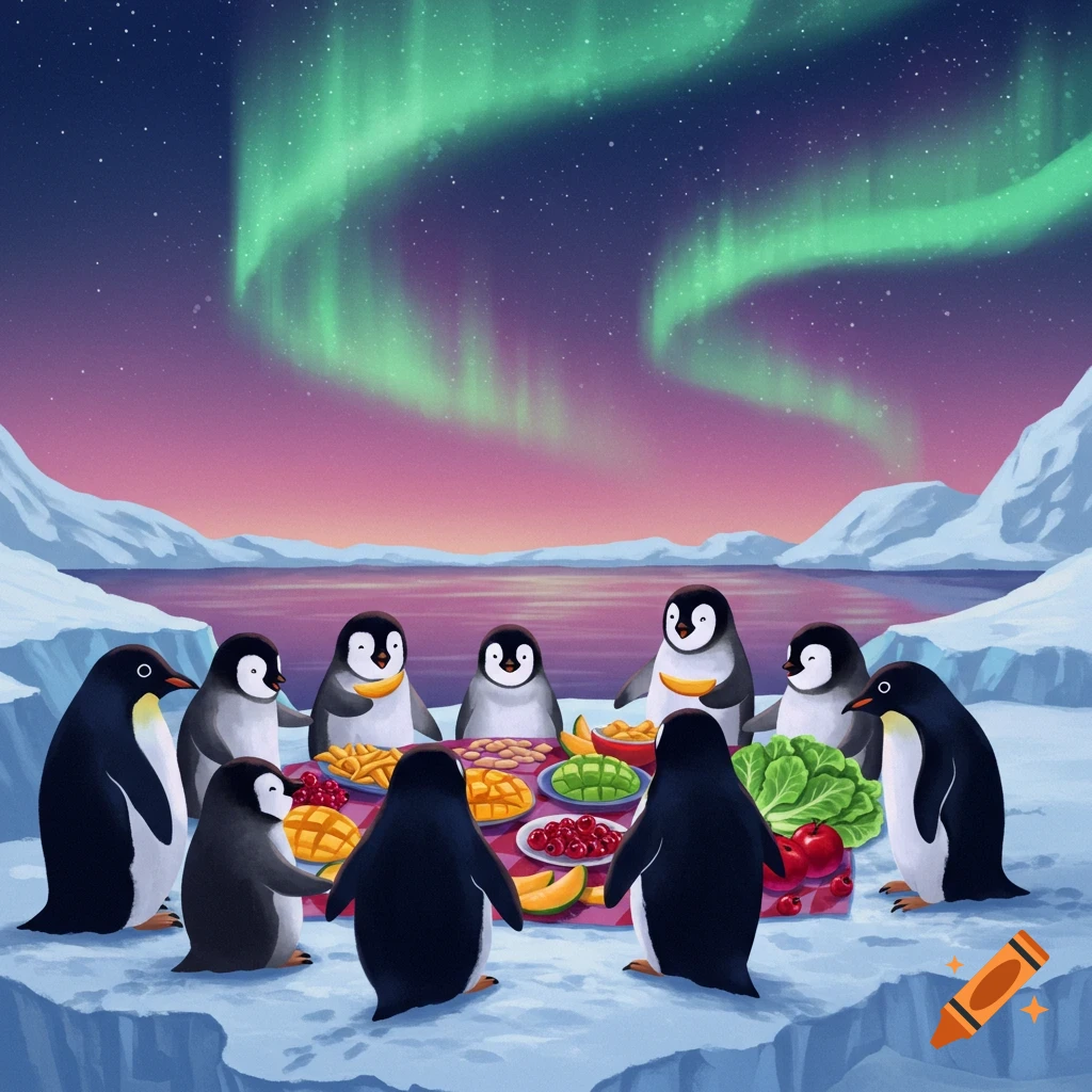 Cartoon penguins picnic on an icy landscape under vibrant green and purple Northern Lights, with various foods on a red blanket.