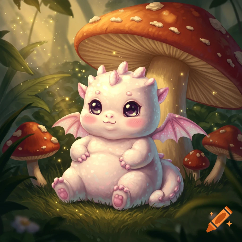 A chubby, pink-white baby dragon with large eyes and small wings sits under a huge red mushroom in a whimsical forest.