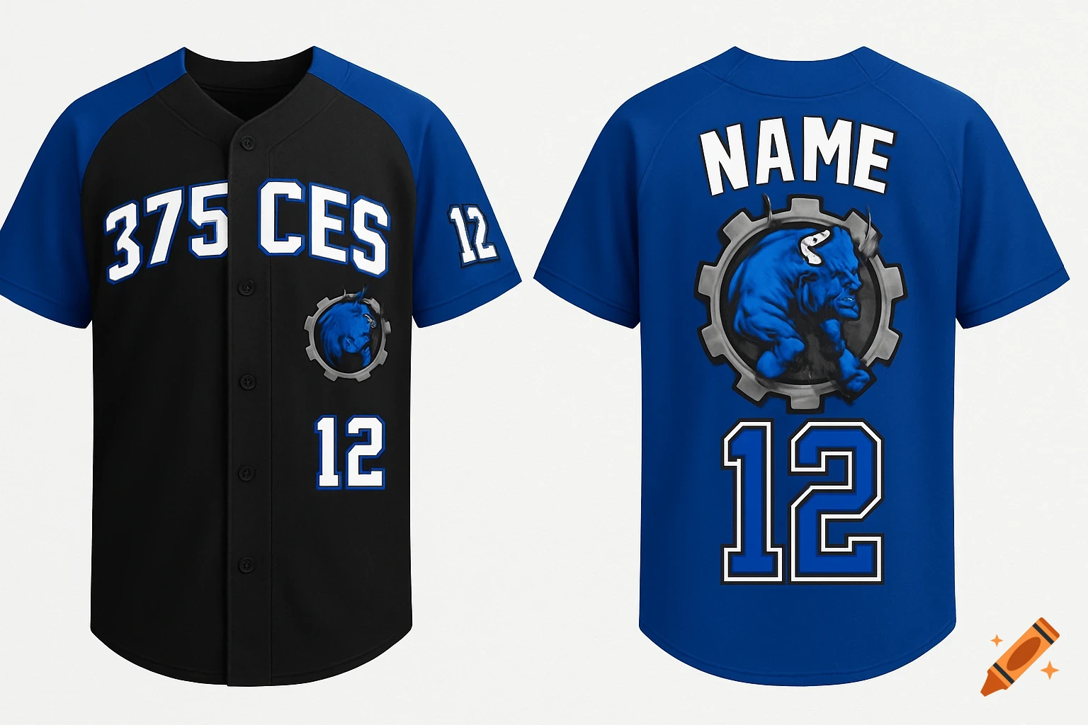 Front and back views of a black and royal blue softball jersey with a blue bull logo,