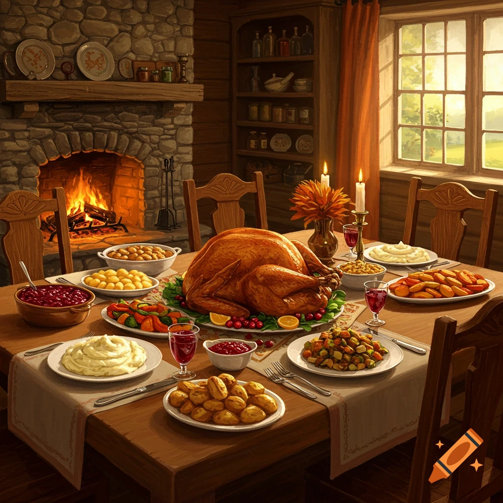 A lavish Thanksgiving dinner spread on a wooden table in a rustic dining room with a fireplace and sunlit window.