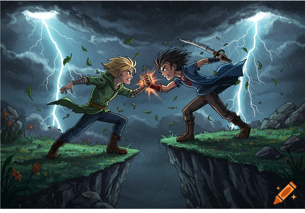 Two cartoon characters, one blonde and one dark-haired with a sword, clash hands on a stormy cliff under lightning.