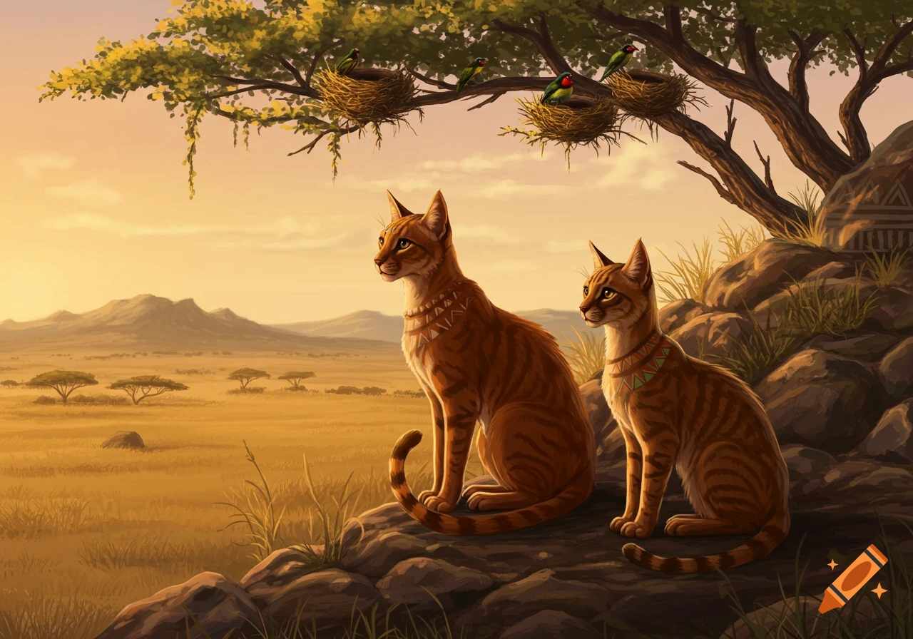 Two stylized cats with patterned collars sit on rocks in a golden savanna at sunset, looking out at distant mountains.