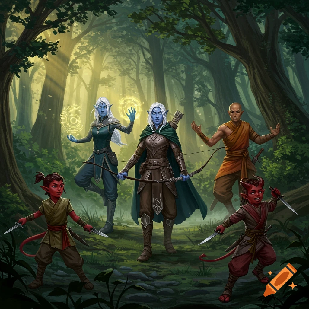 A diverse group of fantasy adventurers, including blue elves, a human monk, and red tiefling children, stand in a sunlit forest.