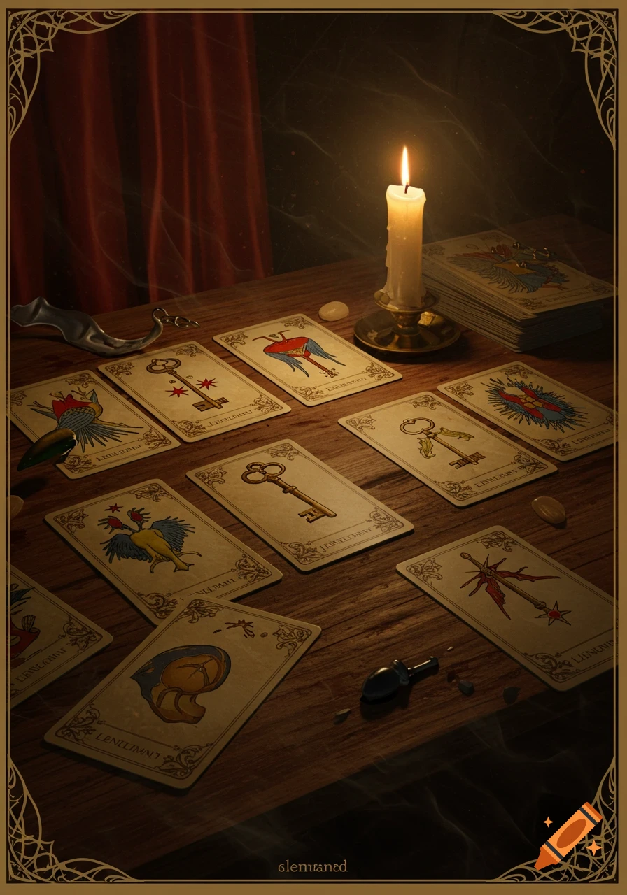 A dimly lit wooden table displays several vintage-style oracle cards with illustrations and garbled text, a lit candle in a brass holder, and a stack of cards.