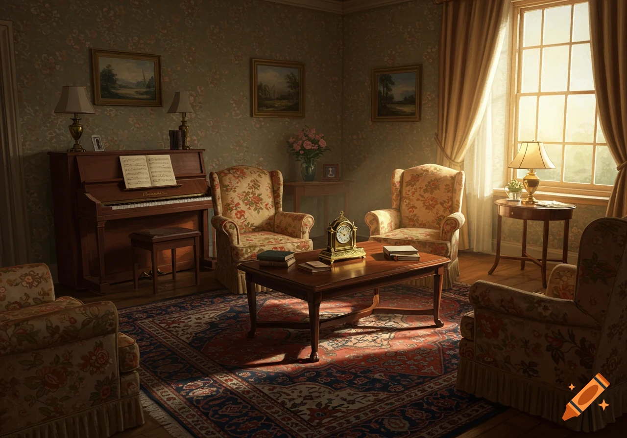 A warm, detailed illustration of a 1920s American living room with floral wallpaper, upholstered chairs, a piano, and sunlight streaming through a window.