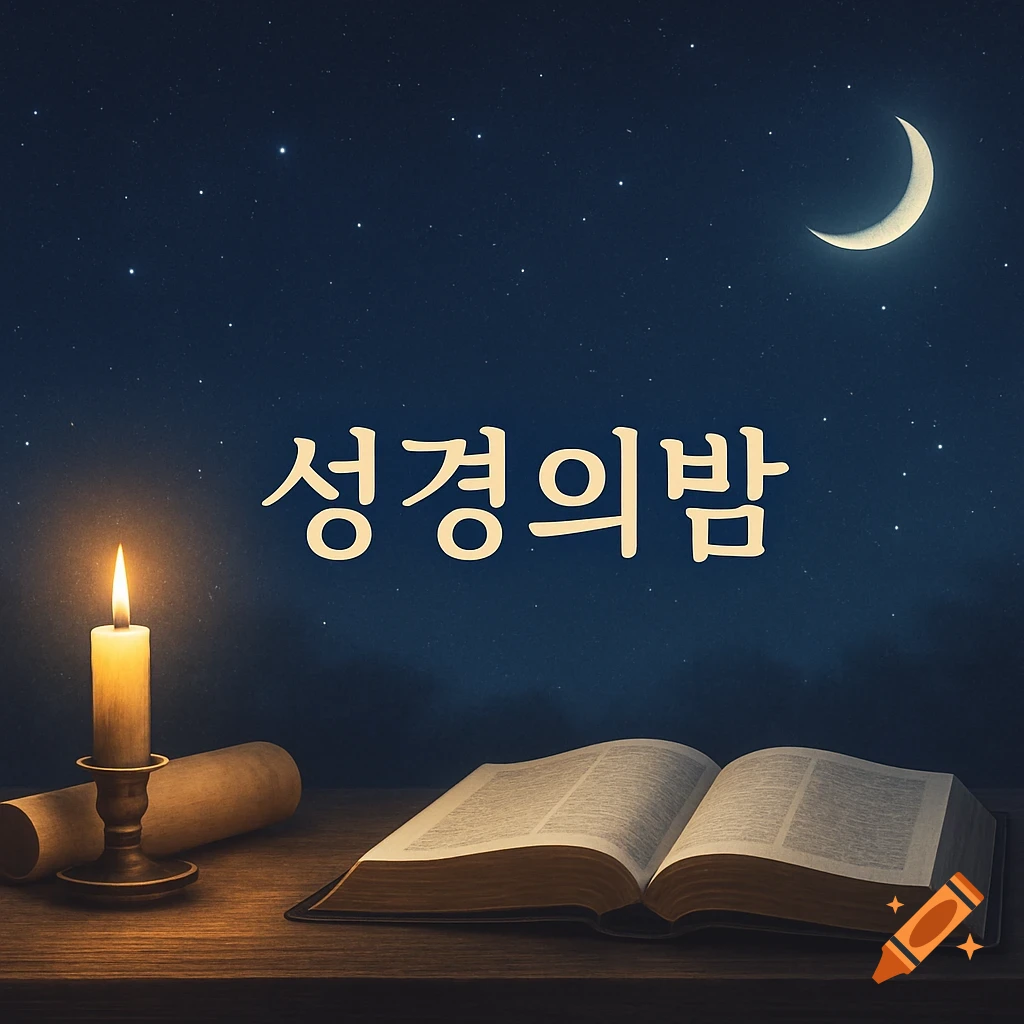 An open Bible, lit candle, and scroll on a wooden table under a starry night sky with a crescent moon. Korean text '성경의밤' floats above.