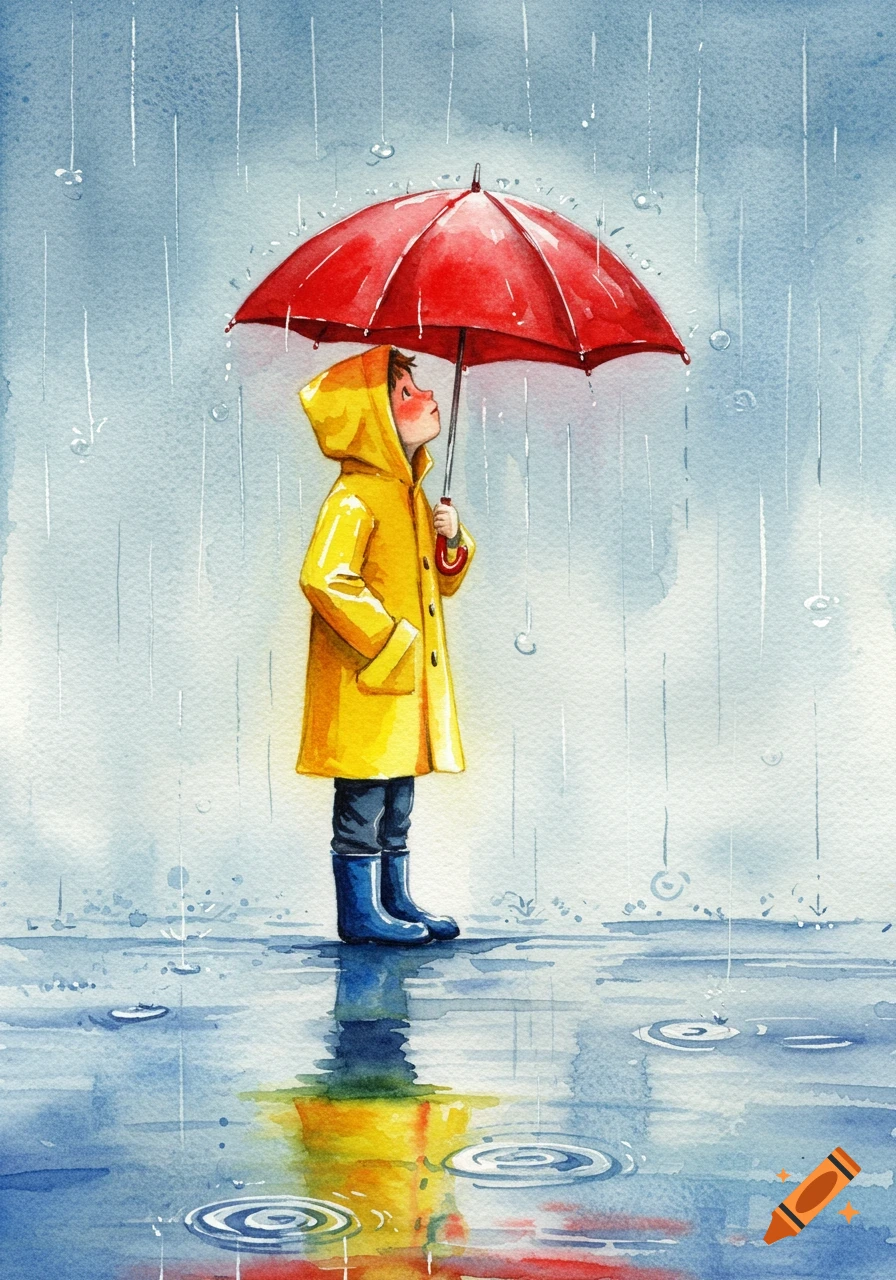 Watercolor painting of a child in a yellow raincoat and blue boots, holding a red umbrella in the rain, looking up.
