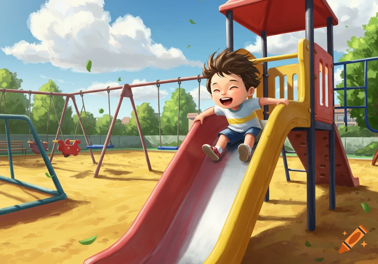 A happy cartoon child slides down a red and yellow slide in a sunny playground with swings, in an illustrated style.