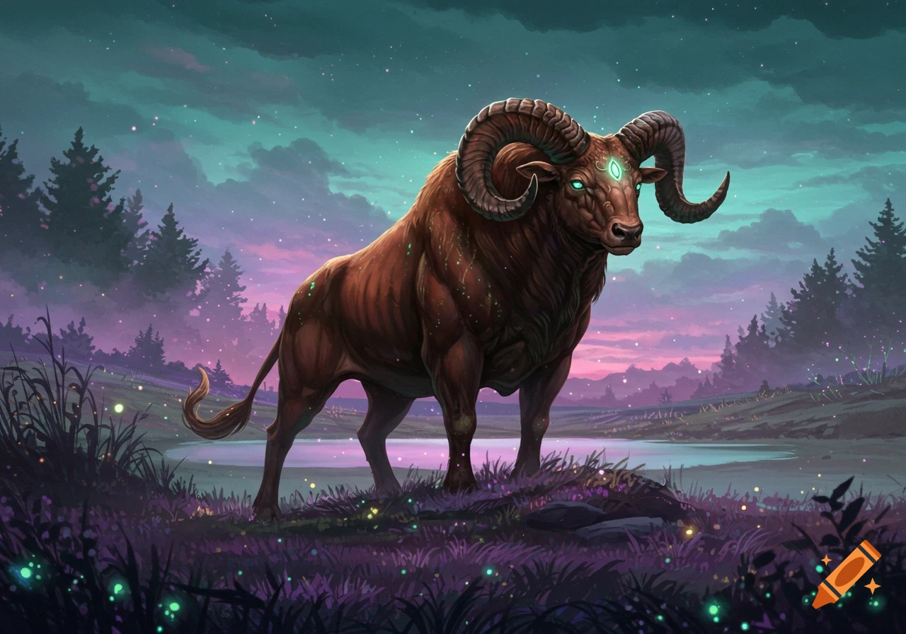 A majestic, muscular bull-ram hybrid creature with glowing eyes stands in a magical twilight landscape with pine trees and a lake.